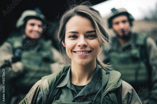 Smiling Young female adult soldier in a soldier's uniform together with other soldiers in a soldier's uniform on a mission. Generative AI photo