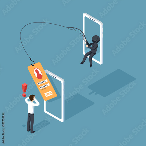 Phishing by email. hacker attacks a smartphone by message. fraud scam and steal private data on devices. vector illustration isometric flat design for cyber security awareness concept.