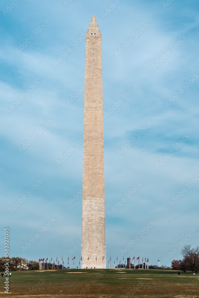 Washington D. C.  United States. November 29, 2022: Washington Monument with blue sky.