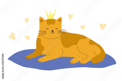 A cat with a crown on his head is lying on a pillow. Vector cartoon flat illustration