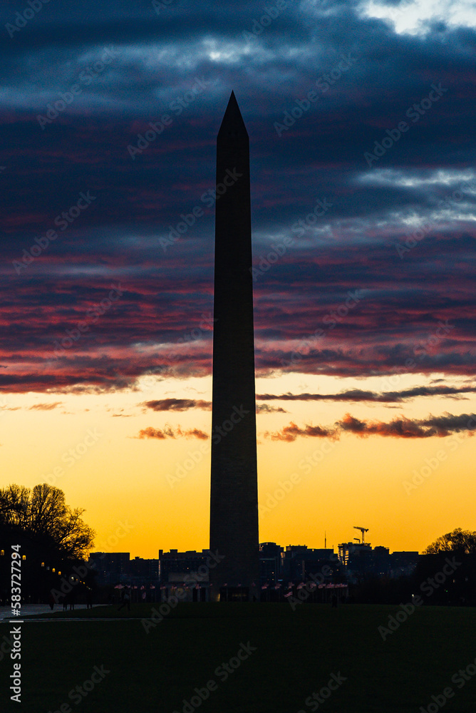 Washington D. C.  United States. November 29, 2022: Washington Monument in silhouette with sky and beautiful sunset.