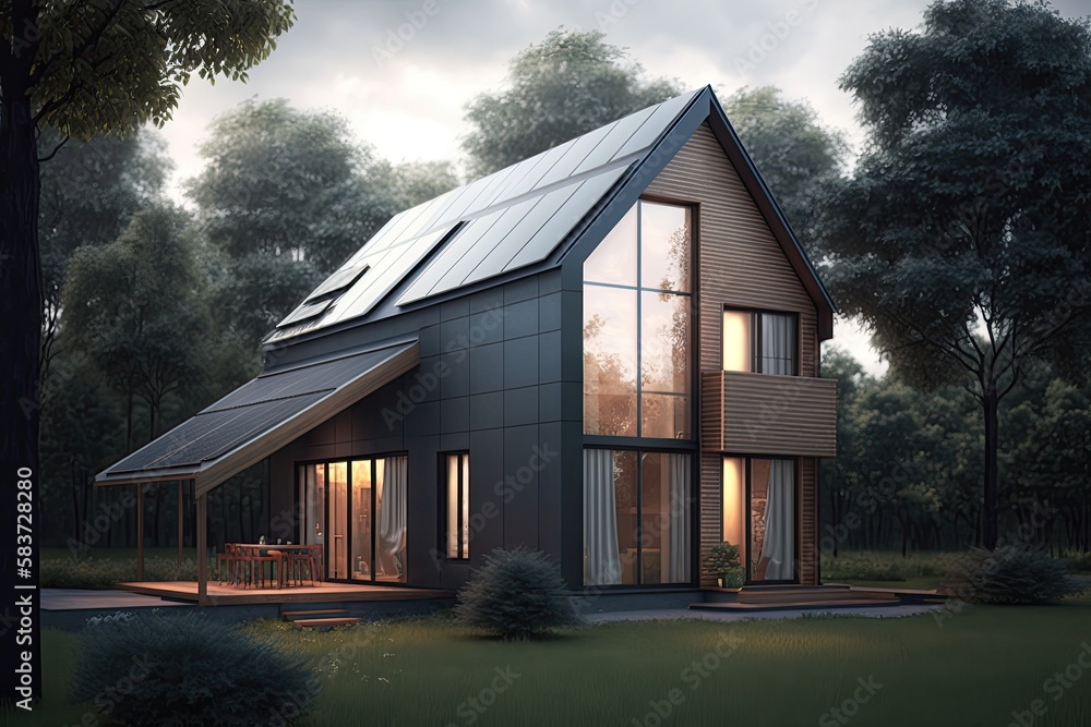 Passive house with solar panels. Green lawn and trees. Evening. Generative AI