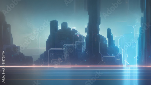 Sci-Fi Circuit Board Sky Digital City Electric Line Traces Glow Blue Futuristic Background Generative AI illustration