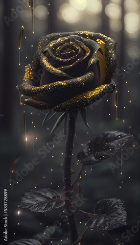 black rose with liquid gold dripping off of it in the middle of a mysterious forest