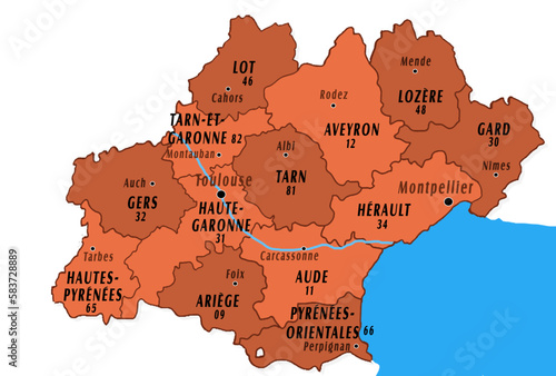 Administrative map of Occitanie region in France with departements, chefs lieux, cities.
