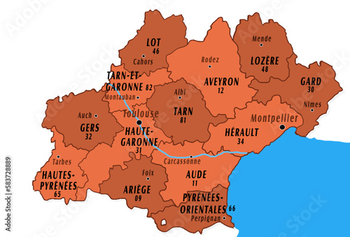 Administrative map of Occitanie region in France with departements, chefs lieux, cities. photo
