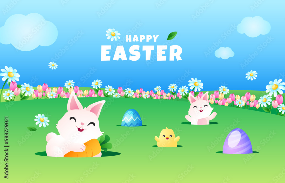 Happy Easter day background. Spring flower background with holes on field filled with egg, rabbits and chick. Happy Easter day background. Spring flower background with holes on field filled with egg, rabbits and chick.