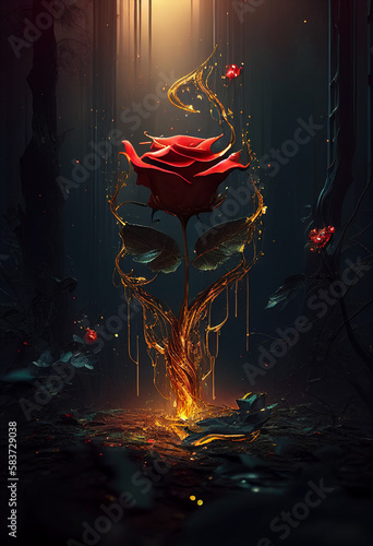 isolated red rose with dripping gold raining in the middle of a magical forest