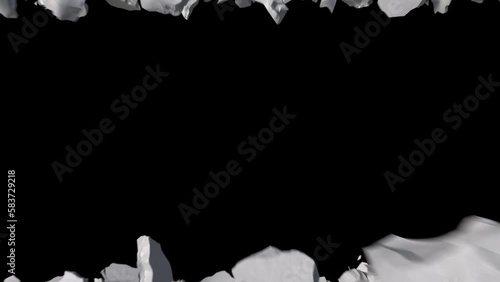 ground destructions falling through the camera.4k animation render with alpha channel.