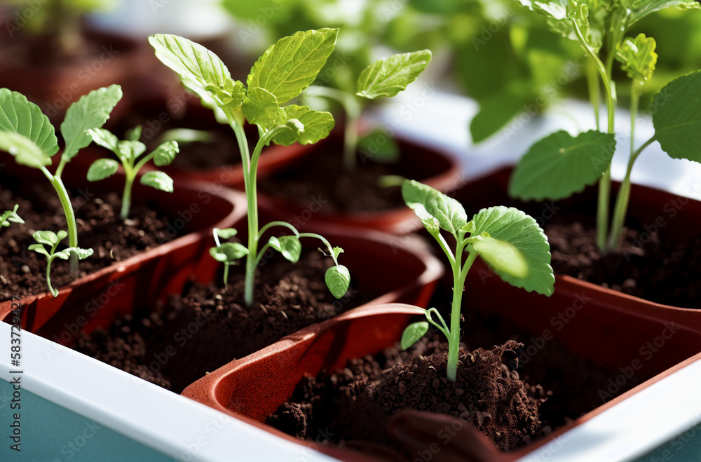 Seedlings in pots close-up. Generative AI. Seedlings in pots close-up. Generative AI.