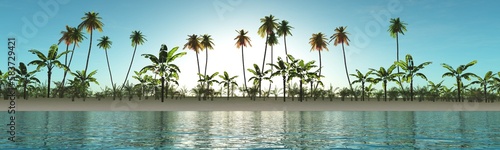 Row of palm trees over water, tropical landscape with beach and palm trees at sunset, 3d rendering © ustas