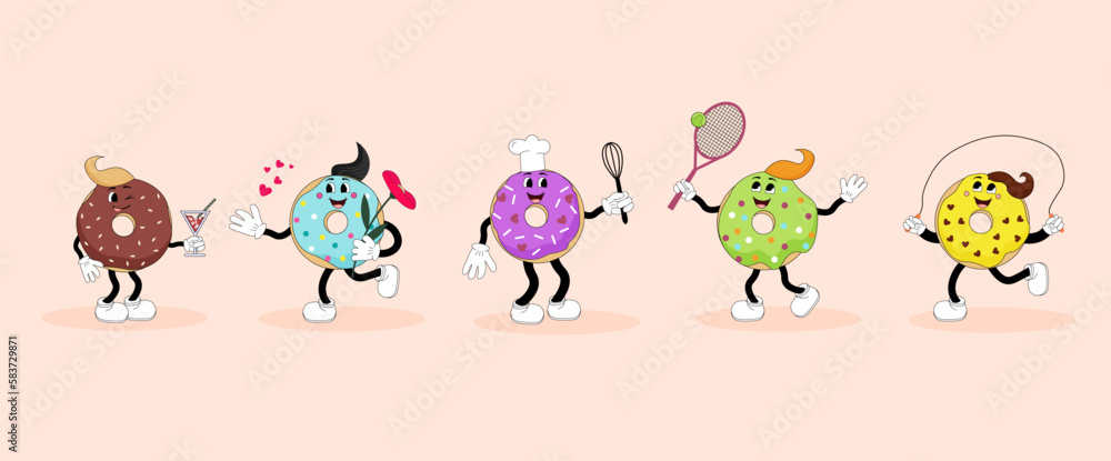 Naklejka premium Funny colorful donuts. Cartoon style. Vector mascots on an isolated background. For stickers, covers and brochures, advertising flyers, invitations and postcards.