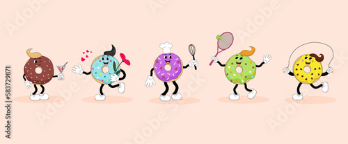 Funny colorful donuts. Cartoon style. Vector mascots on an isolated background. For stickers, covers and brochures, advertising flyers, invitations and postcards.