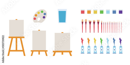 Flat vector painting tools in childish style. Hand drawn art supplies, paint brush, palm, gouache, acrylic, easel, palette