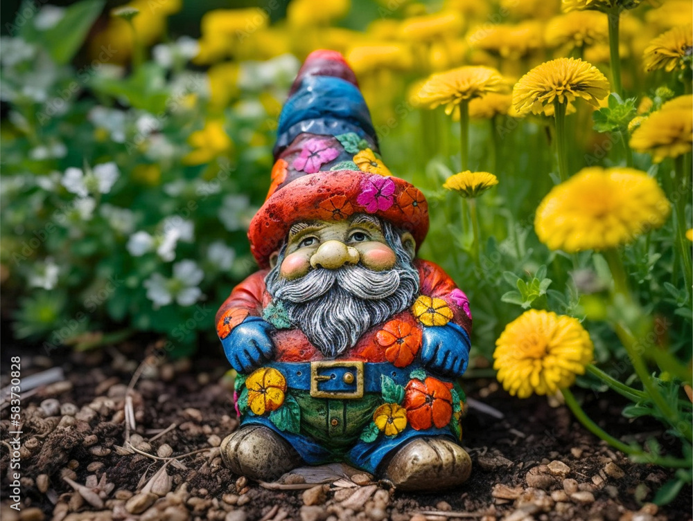 Delightful garden gnome in a vibrant summer garden filled with various plants and flowers. The colorful gnome has a kind and cheerful facial expression. Created with generative AI technology