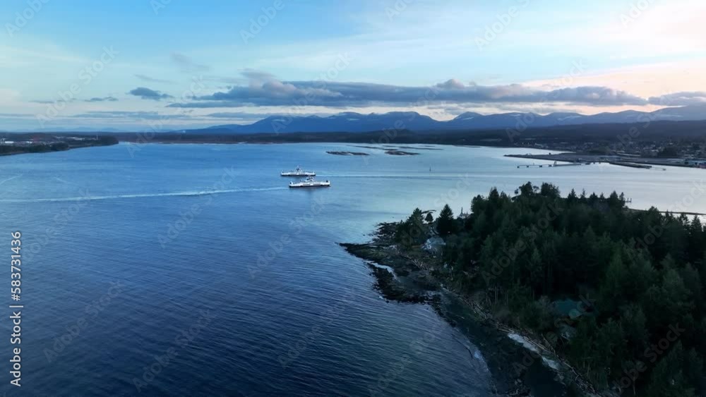 Aerial View Of Ship Cruising In The Georgia Strait From Protection Island In Nanaimo, BC, Canada. - wide Aerial View Of Ship Cruising In The Georgia Strait From Protection Island In Nanaimo, BC, Canada. - wide