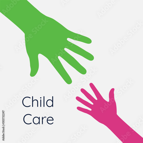 Helping hands. Support and care for children. Hands of adult and child. Vector illustration