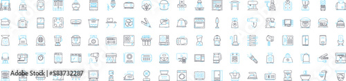 Furniture home appliances vector line icons set. Furniture, Appliances, Sofa, Chair, Table, Bed, Mattress illustration outline concept symbols and signs