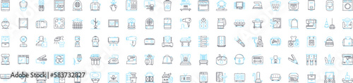 Home electronics vector line icons set. Fridge, TV, Stove, Washer, Dryer, Blender, Toaster illustration outline concept symbols and signs