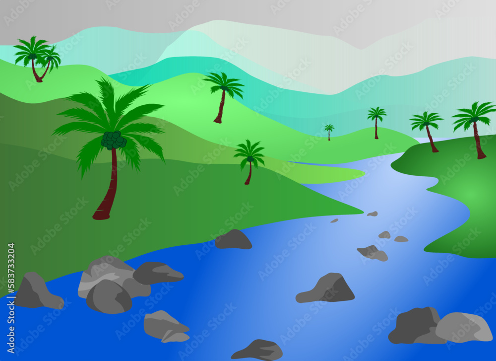 The illustrations and clipart. Nature landscape, river, and mountain