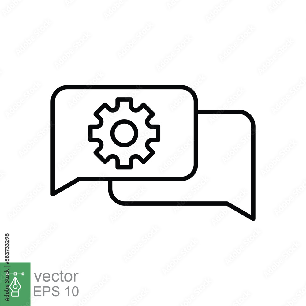 Settings chat icon. Simple outline style. Speech bubble with gear configuration. Thin line symbol. Dialog balloon and cog wheel. Vector illustration design on white background. EPS 10. Settings chat icon. Simple outline style. Speech bubble with gear configuration. Thin line symbol. Dialog balloon and cog wheel. Vector illustration design on white background. EPS 10.