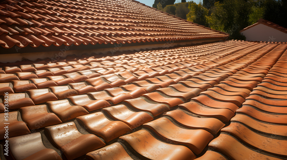 A red tiled roof with a blue sky in the background, Generative Ai