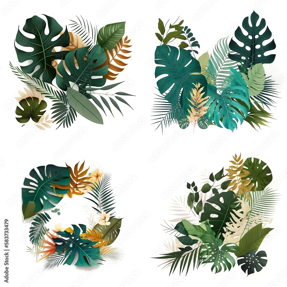 Flat Summer Tropical Leaves, Green And White Tropical Leaves Created With Generative Ai Technology