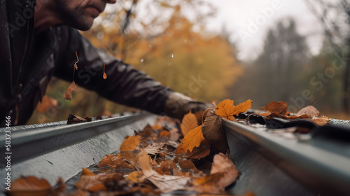 Man cleaning leaves in a gutter in a house, Generative Ai