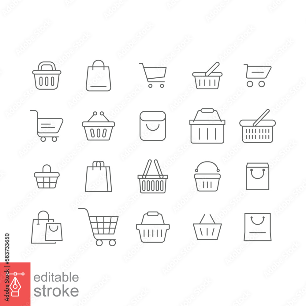 Set of shopping cart line icons. Simple outline style. Online store, shop basket, bag, business concept. Thin line symbol. Vector illustration isolated on white background. Editable stroke EPS 10. Set of shopping cart line icons. Simple outline style. Online store, shop basket, bag, business concept. Thin line symbol. Vector illustration isolated on white background. Editable stroke EPS 10.