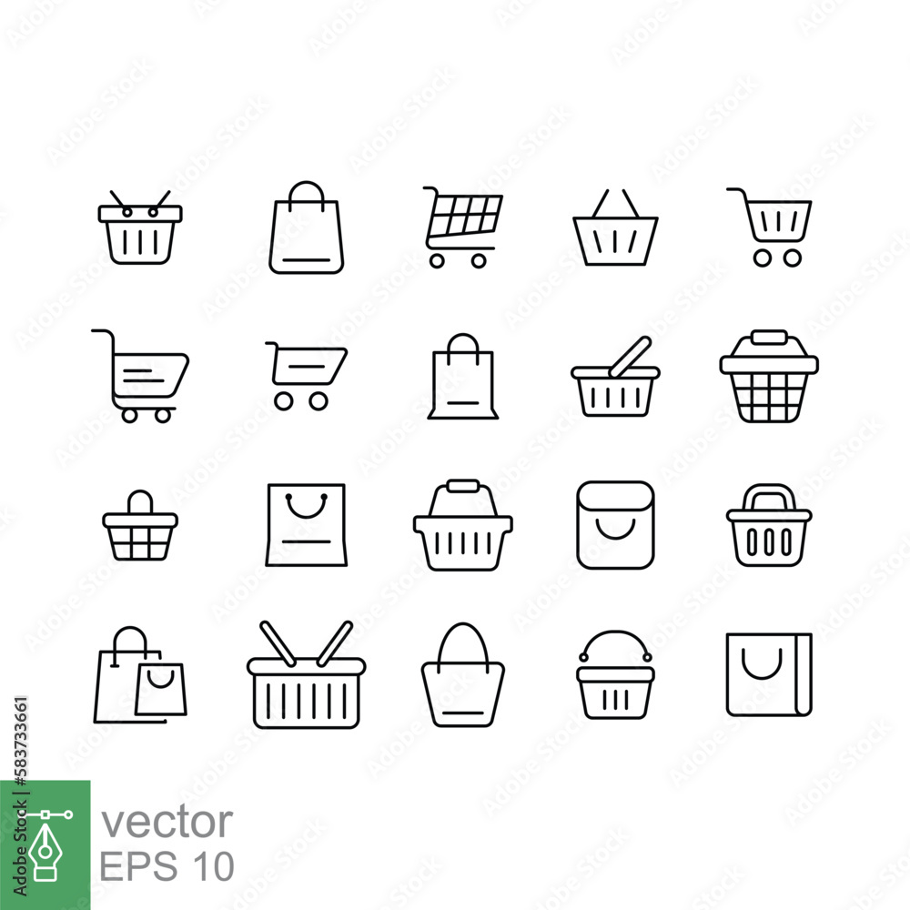 Set of shopping cart line icons. Simple outline style. Online store, shop basket, bag, business concept. Thin line symbol. Vector illustration isolated on white background. EPS 10. Set of shopping cart line icons. Simple outline style. Online store, shop basket, bag, business concept. Thin line symbol. Vector illustration isolated on white background. EPS 10.