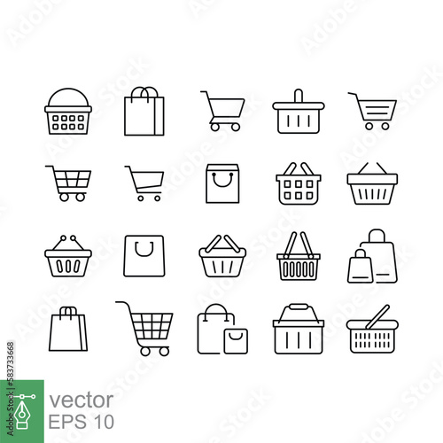 Set of shopping cart line icons. Simple outline style. Online store, shop basket, bag, business concept. Thin line symbol. Vector illustration isolated on white background. EPS 10.