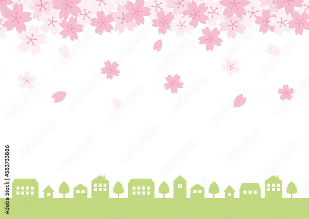 桜と街並みのシルエットの背景
