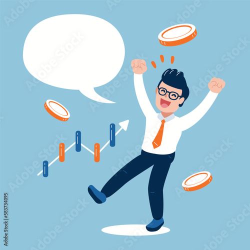 Vector cartoon character happy businessman with speech bubble for design.