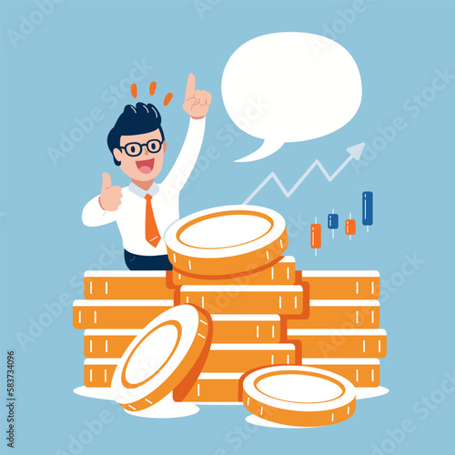 Vector cartoon character happy businessman with money coin stack and speech bubble for design.