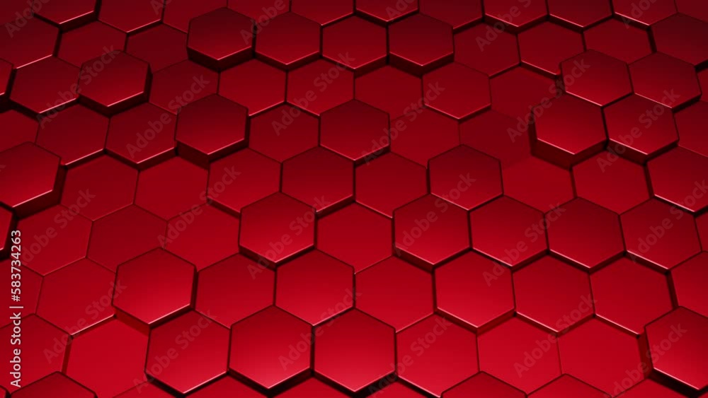 Background of red metallic hexagons moving up and down in different directions 3d render. Moving grid of hexagons with light and shadows. Geometric surface loop