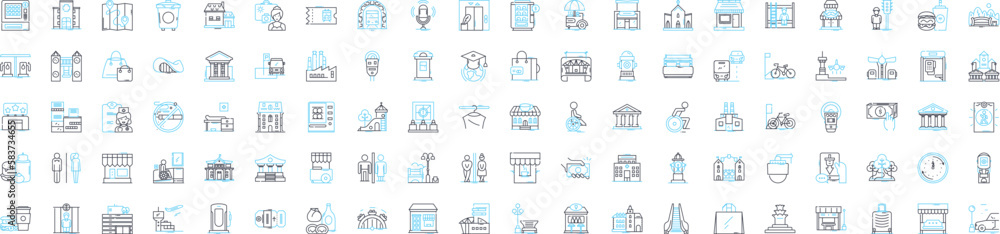 City vector line icons set. Town, Municipality, Metropolis, Urban, Borough, Hamlet, Village illustration outline concept symbols and signs City vector line icons set. Town, Municipality, Metropolis, Urban, Borough, Hamlet, Village illustration outline concept symbols and signs