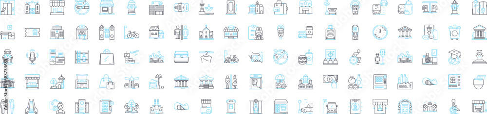 Naklejka premium Modern urban city vector line icons set. Urban, Modern, City, Skyscrapers, Metropolis, Subway, Crowds illustration outline concept symbols and signs