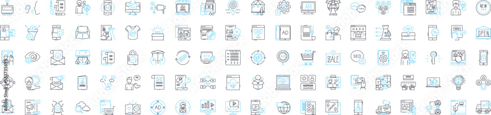 Advertising campaign vector line icons set. Ads, Campaign, Advertising, Promotion, Strategize, Design, Media illustration outline concept symbols and signs Advertising campaign vector line icons set. Ads, Campaign, Advertising, Promotion, Strategize, Design, Media illustration outline concept symbols and signs
