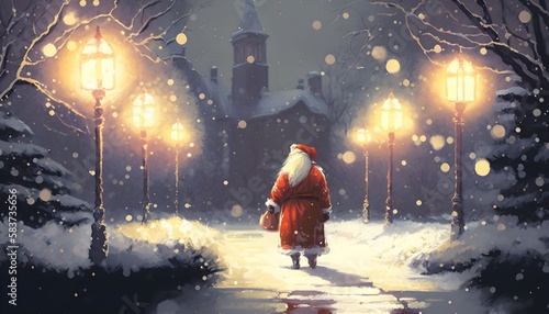 Santa Claus in snowy winter alley in the park with christmas lights on trees, illustration painting, Generative AI