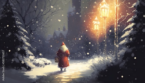 Santa Claus in snowy winter alley in the park with christmas lights on trees, illustration painting, Generative AI