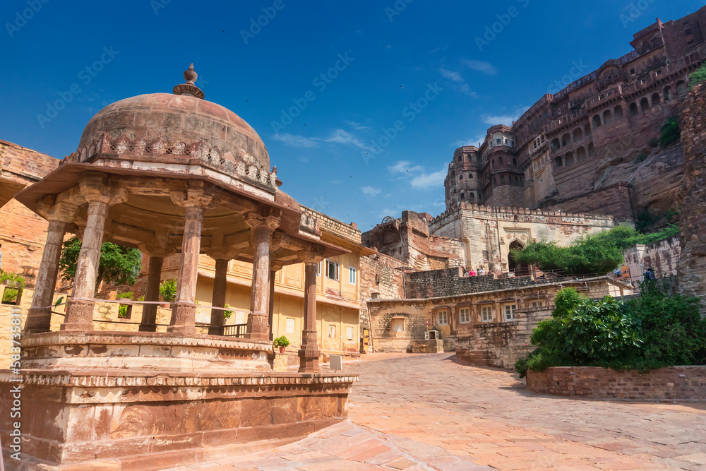 Mehrangarh fort , Jodhpur, Rajasthan, India. View of entrance of famous fort. Ancient architecture of Rajput era. Fort is UNESCO world heritage site popular amongst tourists worldwide.