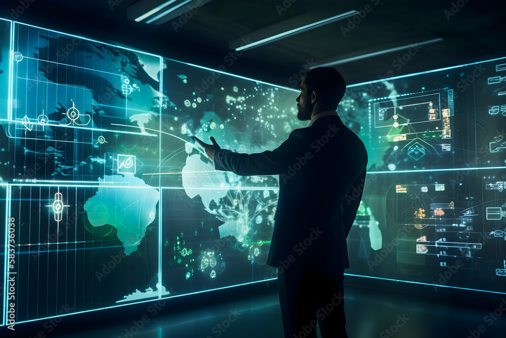 Revolutionizing Business and Marketing with Futuristic Digital Screens: Businessman Analyzes Business Data and Makes Presentation to Audience Revolutionizing Business and Marketing with Futuristic Digital Screens: Businessman Analyzes Business Data and Makes Presentation to Audience