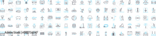 Outdoor activities vector line icons set. Hiking, Camping, Kayaking, Climbing, Biking, Swimming, Snowshoeing illustration outline concept symbols and signs