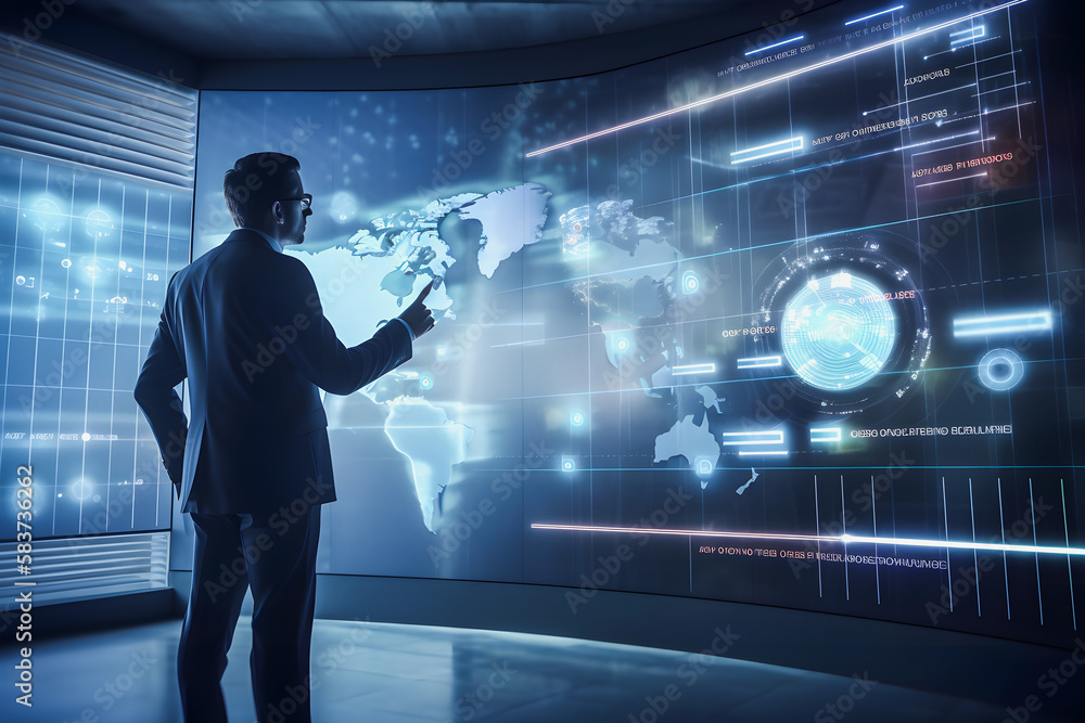 Revolutionizing Business and Marketing with Futuristic Digital Screens: Businessman Analyzes Business Data and Makes Presentation to Audience Revolutionizing Business and Marketing with Futuristic Digital Screens: Businessman Analyzes Business Data and Makes Presentation to Audience