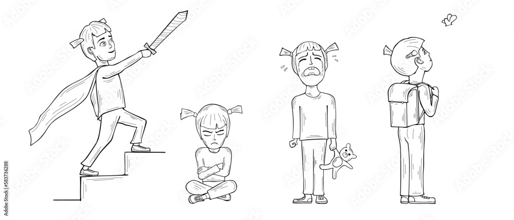 Vector set of a little girl in different postures with various emotions Vector set of a little girl in different postures with various emotions