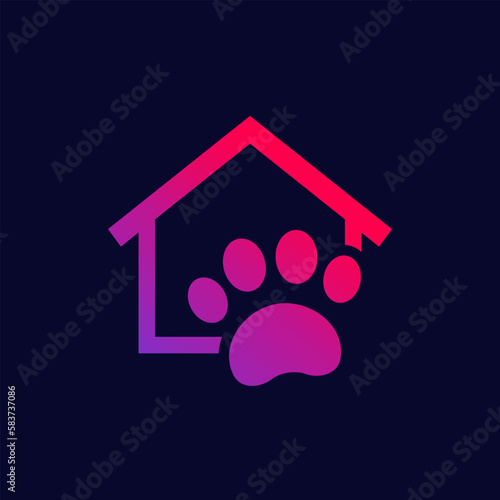 pet house logo, paw and home icon on dark