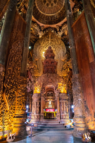 Wooden carving sculptures inside of the Sanctuary of Truth temple in Pattaya, Thailand