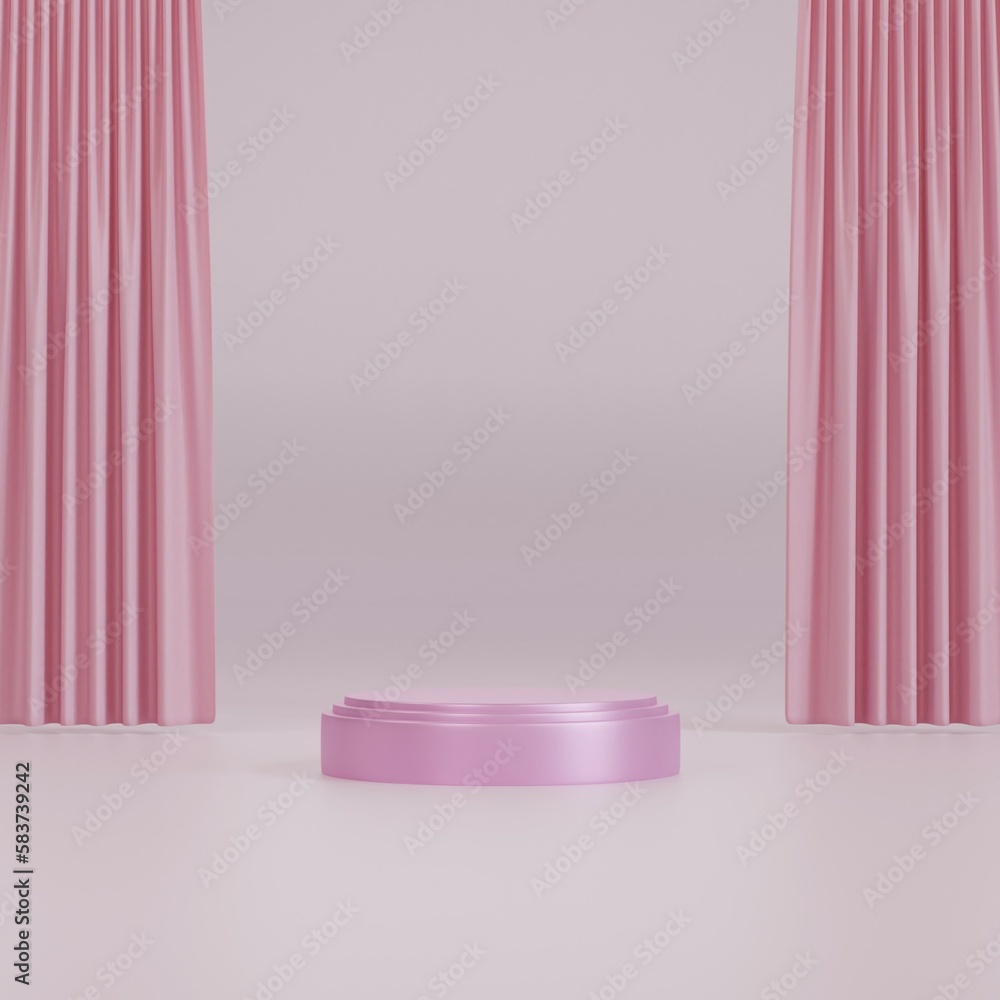 pink cylinder pedestal podium and pink curtains. product display presentation. 3d rendering pink cylinder pedestal podium and pink curtains. product display presentation. 3d rendering