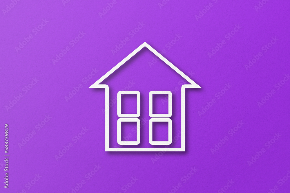 White paper cut out house shape isolated on purple paper background. White paper cut out house shape isolated on purple paper background.