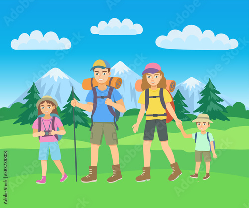 Man, woman and two kids hiking in outdoor mountain landscape. Cartoon vector illustration, family weekend activity.